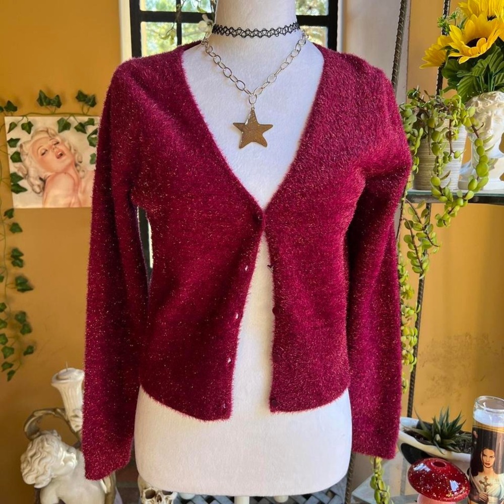 metallic fuzzy cardigan scarlet